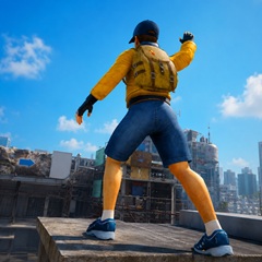 The character is climbing onto the roof and maintaining balance